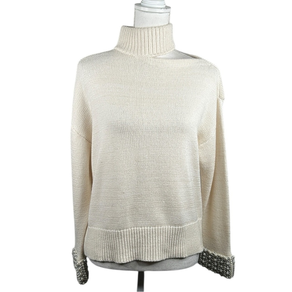 Alice + Olivia‎ Cream Wool Blend Peal Rhinestone Beaded Cuff Cowl Neck Sweater